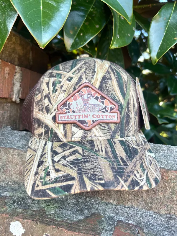 Buck Patch On Mossy Oak Brown Hat by Struttin Cotton