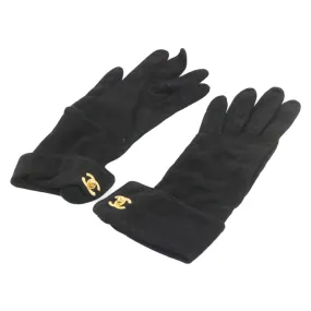 CHANEL COCO Mark Gloves Suede Black Gold CC Auth am2319sA