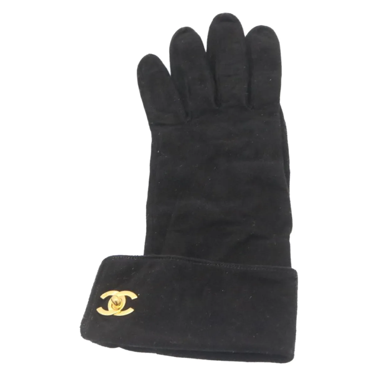 CHANEL COCO Mark Gloves Suede Black Gold CC Auth am2319sA