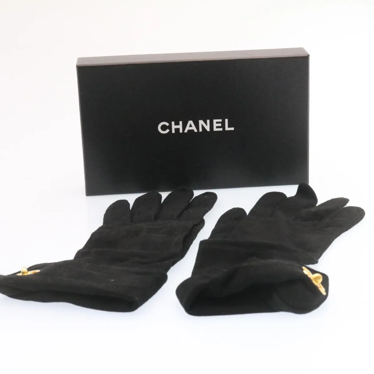 CHANEL COCO Mark Gloves Suede Black Gold CC Auth am2319sA