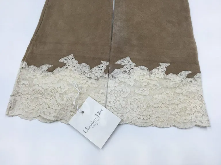 Christian Dior Tan Suede and Lace Trimmed Elbow Length Gloves NWT