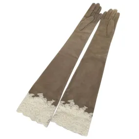 Christian Dior Tan Suede and Lace Trimmed Elbow Length Gloves NWT