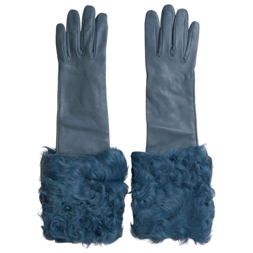 Dolce & Gabbana Elegant Blue Leather Gloves with Fur Trim