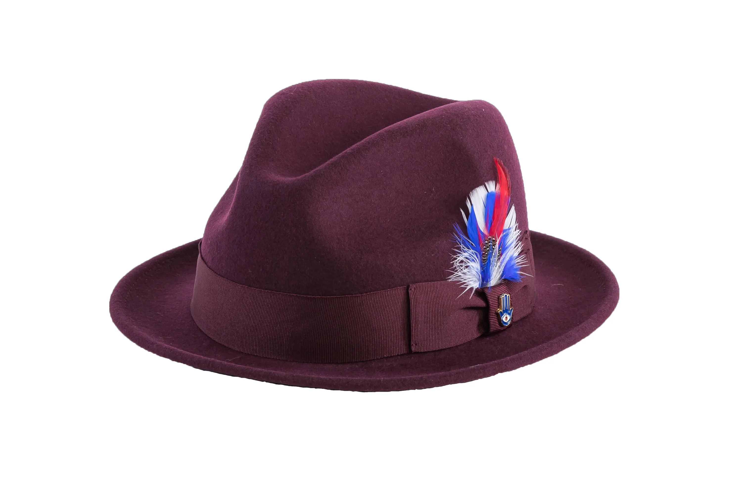 Ferrecci Brooks Trilby Soft 100% Australian Wool Felt Body with Removable Feather Fully Crushable burgundy hat Great for Travel