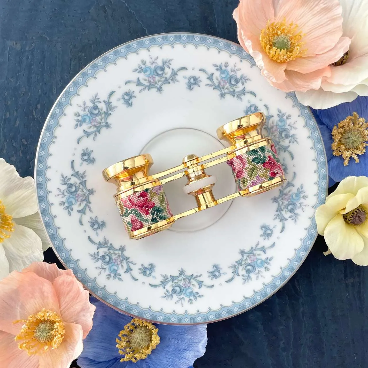 Floral Needlepoint and Gold Opera Glasses -  Opera Glasses