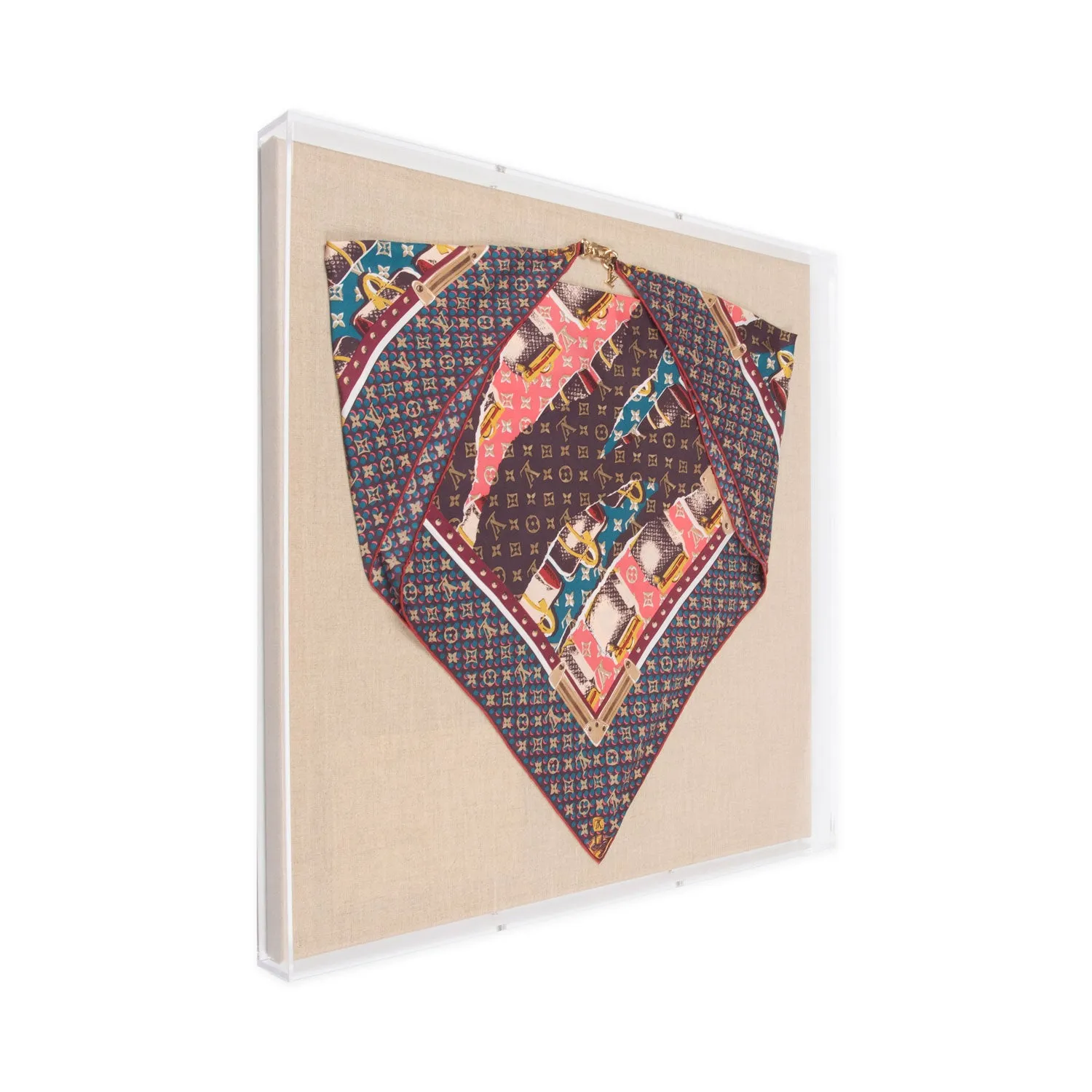 Framed Louis Vuitton Multicolor Voyages Scarf in a 24x24x2" Shadowbox