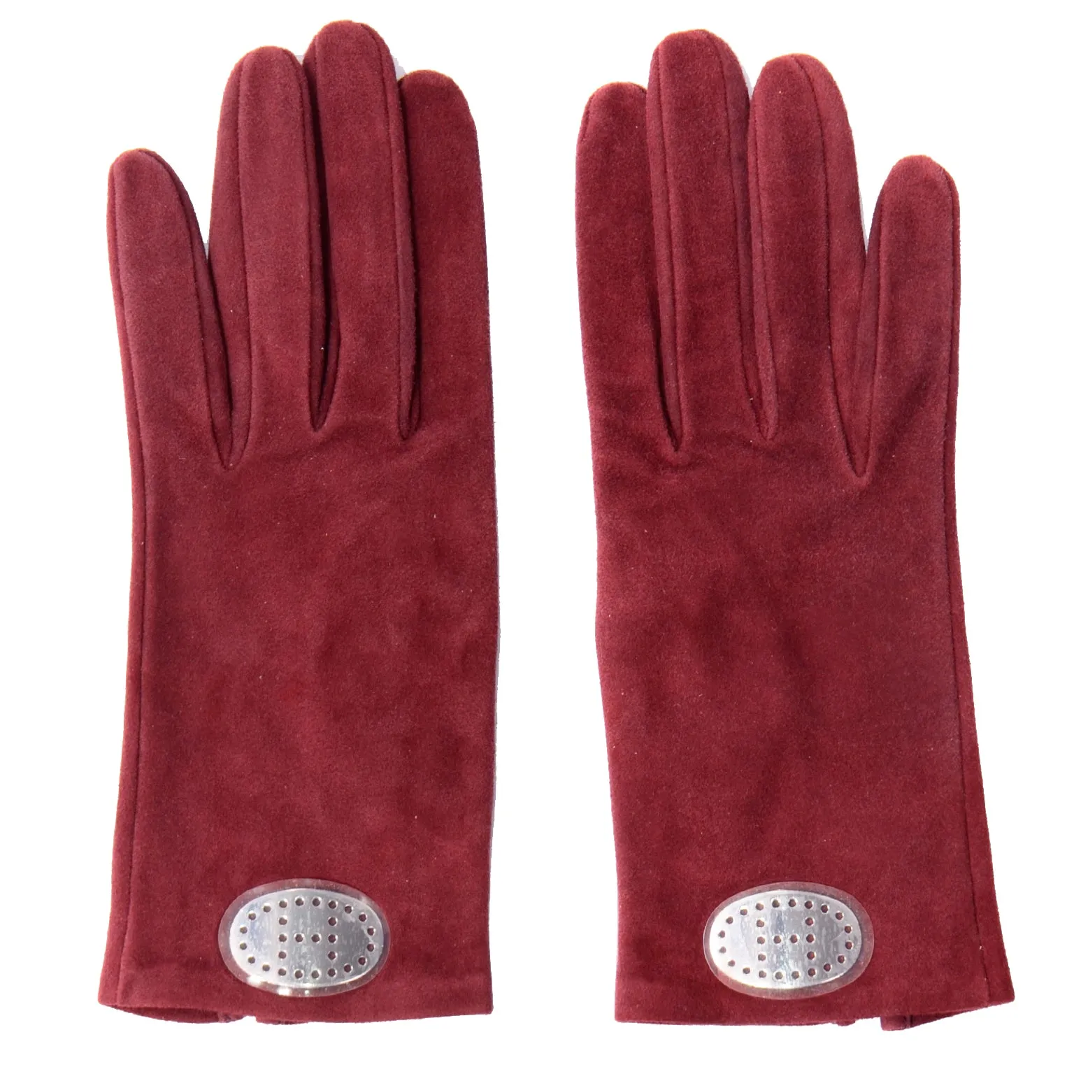 Hermes Pierced Silver H Burgundy Wine Red Suede Unworn Gloves