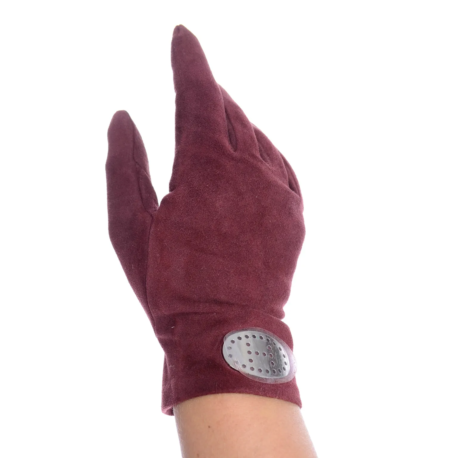 Hermes Pierced Silver H Burgundy Wine Red Suede Unworn Gloves