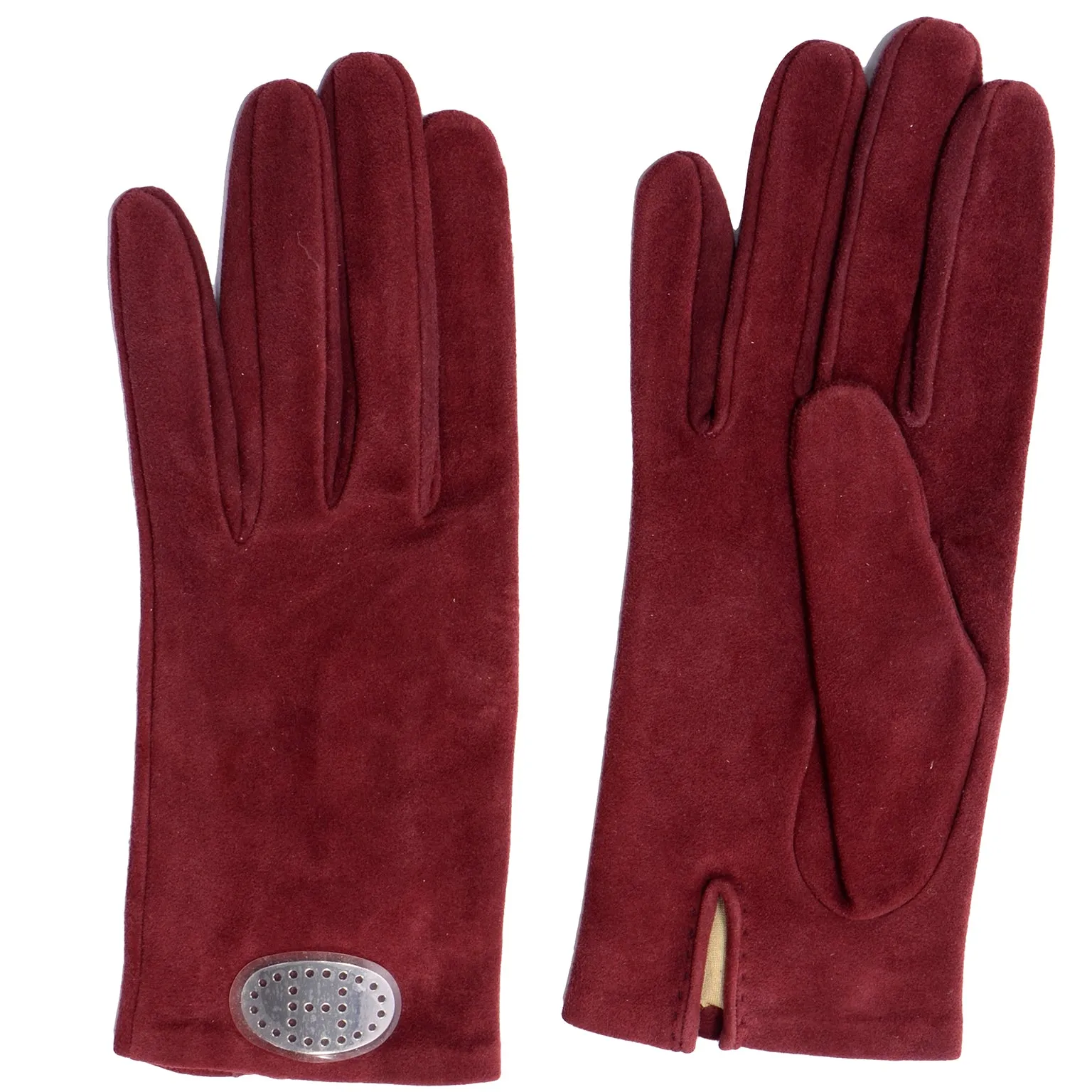 Hermes Pierced Silver H Burgundy Wine Red Suede Unworn Gloves