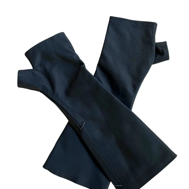 Matte Suede and Navy Napa Fingerless Leather Gloves – Elegant Elbow-Length Mittens