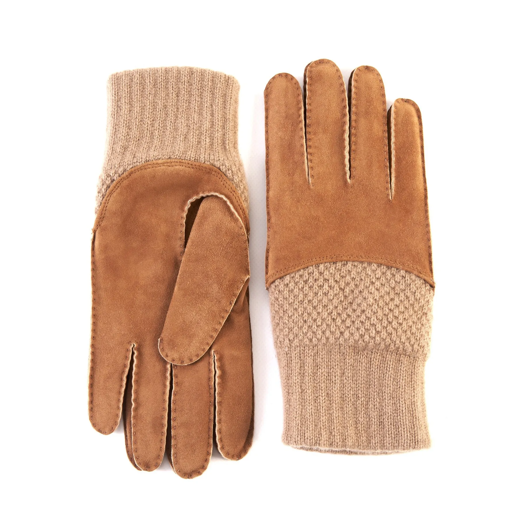 Men's hand-stitched tobacco suede gloves with cashmere top and lining