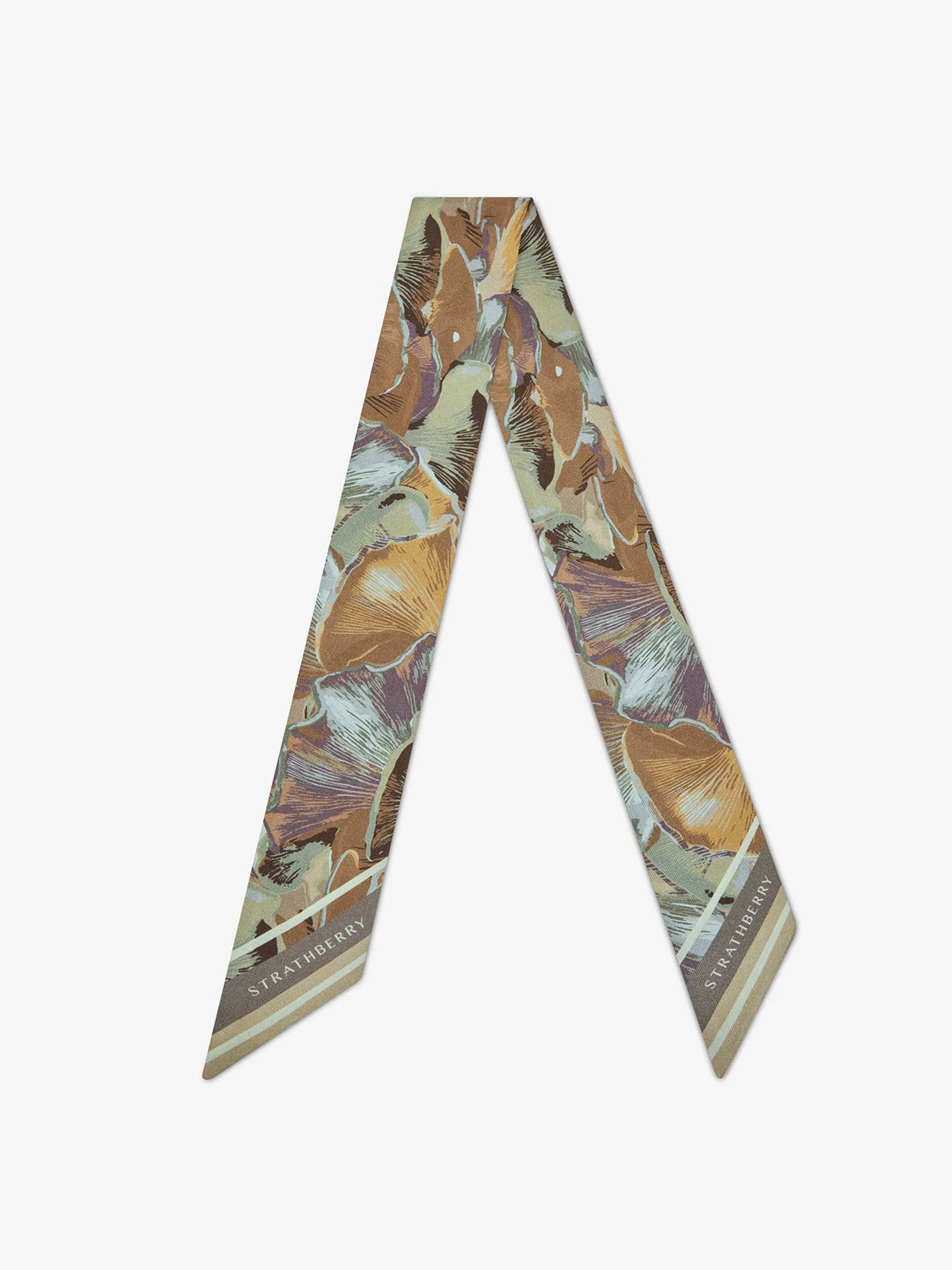 Oat and mushroom print silk skinny scarf