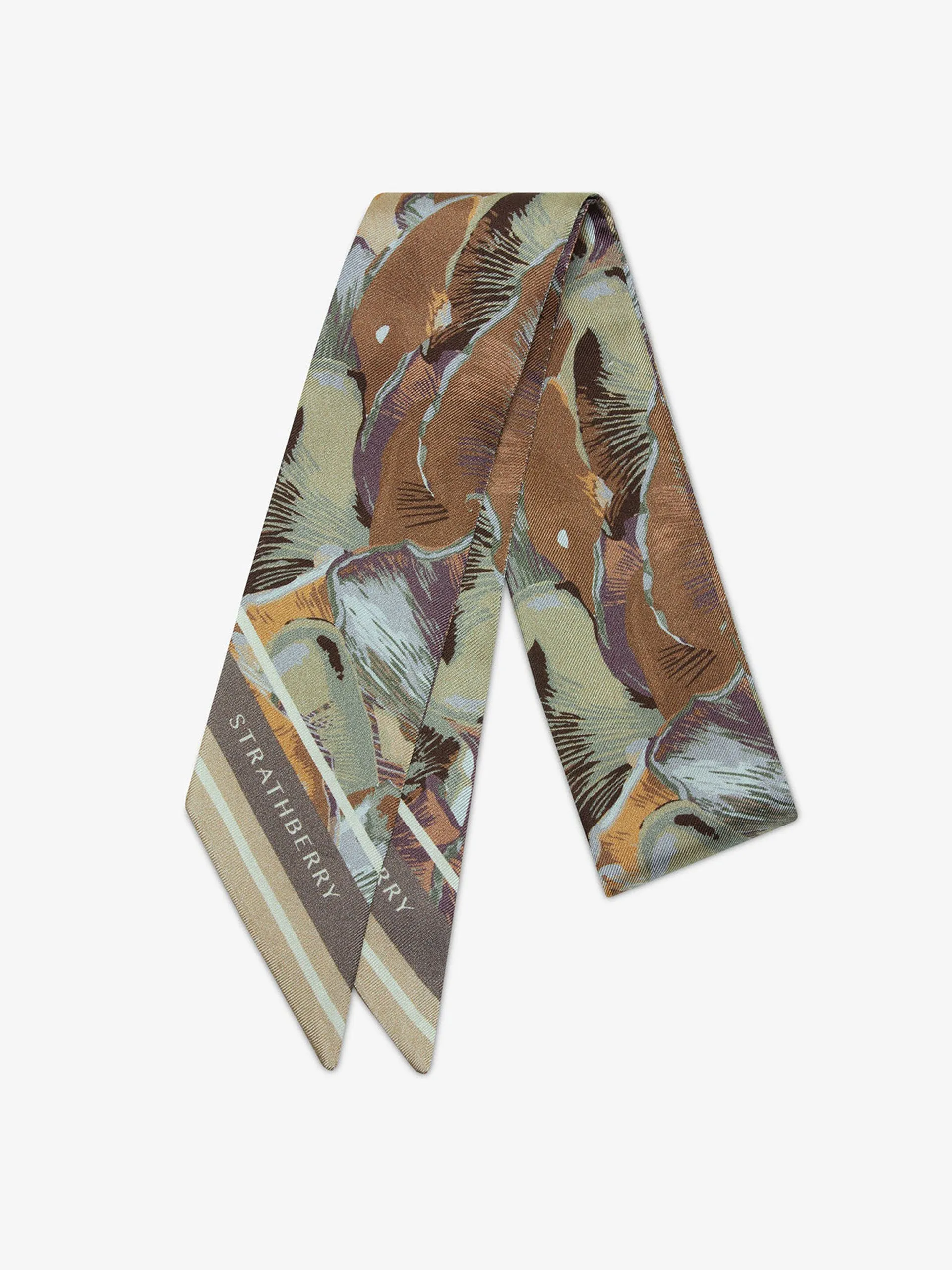 Oat and mushroom print silk skinny scarf