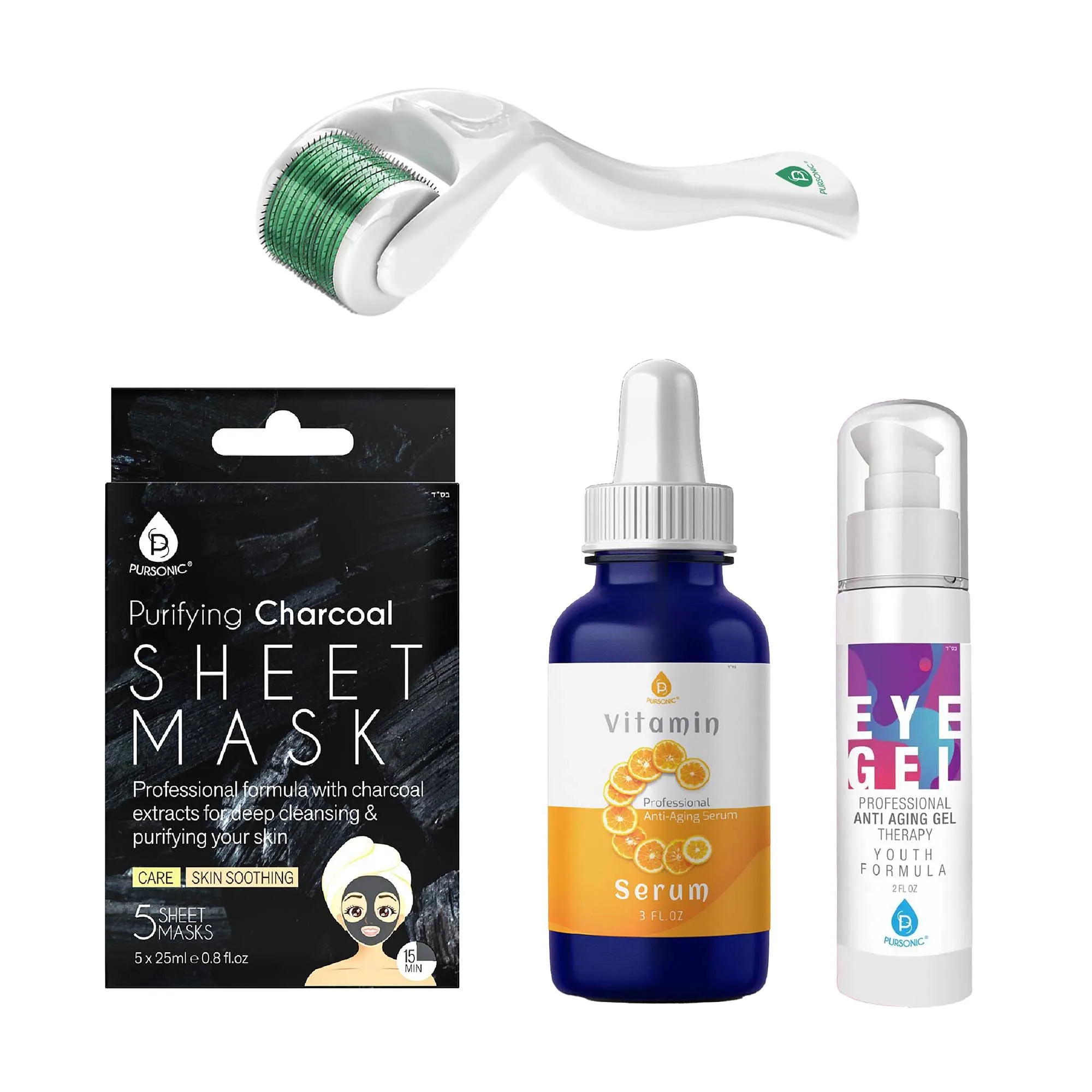 Radiance Boost Bundle: Derma Roller, Vitamin C Serum, Anti-Aging Eye Gel & Charcoal Mask – 4-Step Skincare Set for Youthful Glow