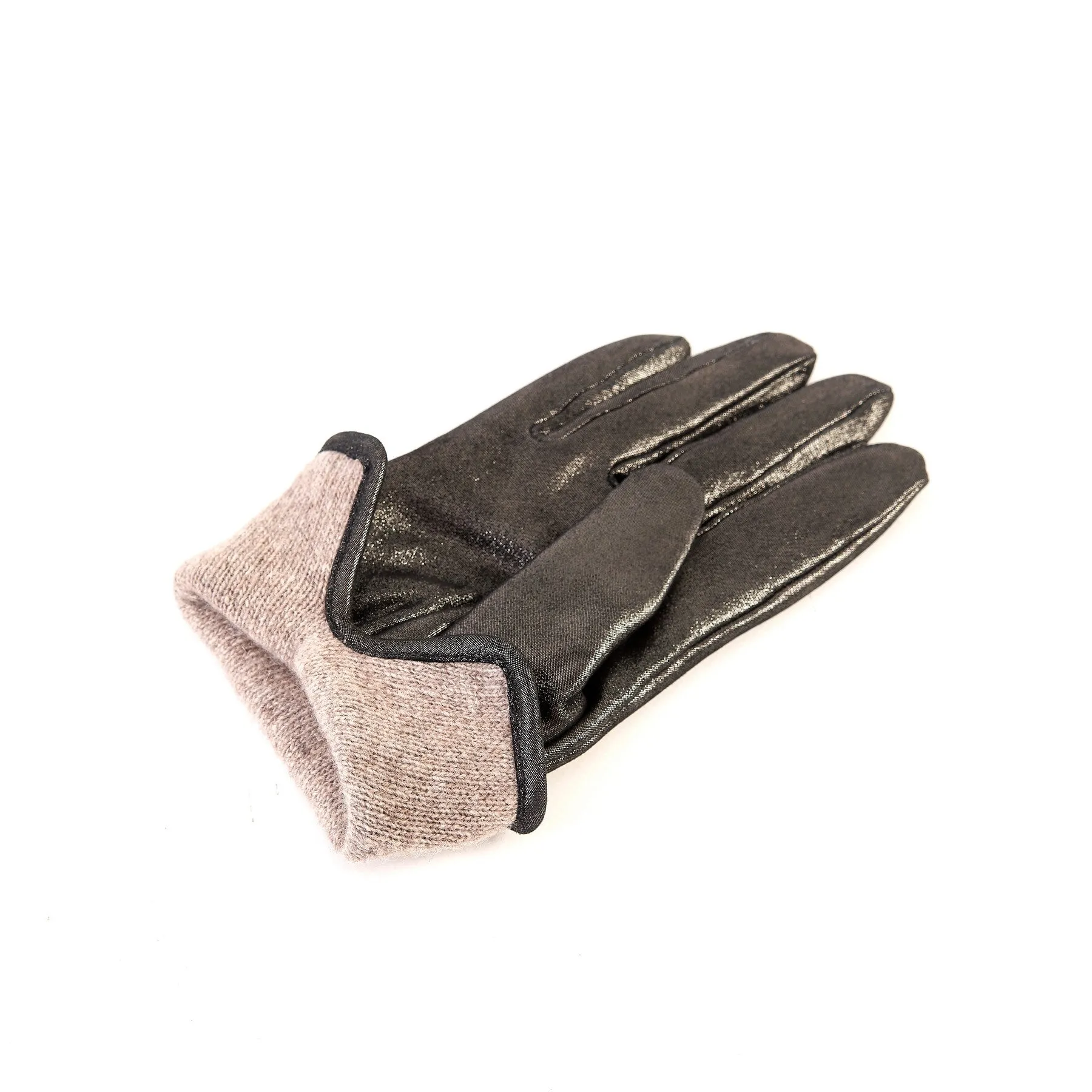 Women’s basic grey soft laminated suede leather gloves with palm opening and cashmere lining