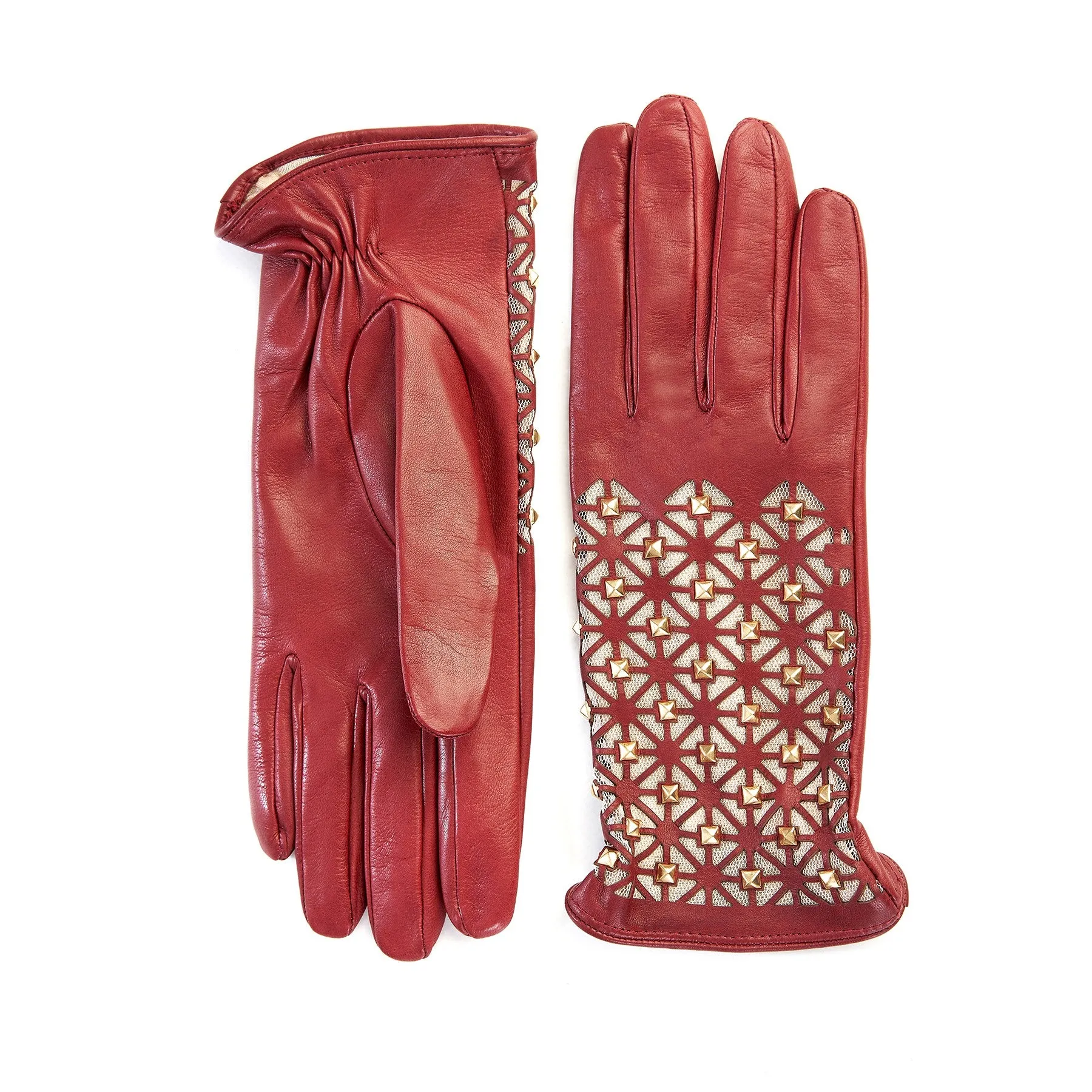 Women's dark red leather gloves with studs silk lined