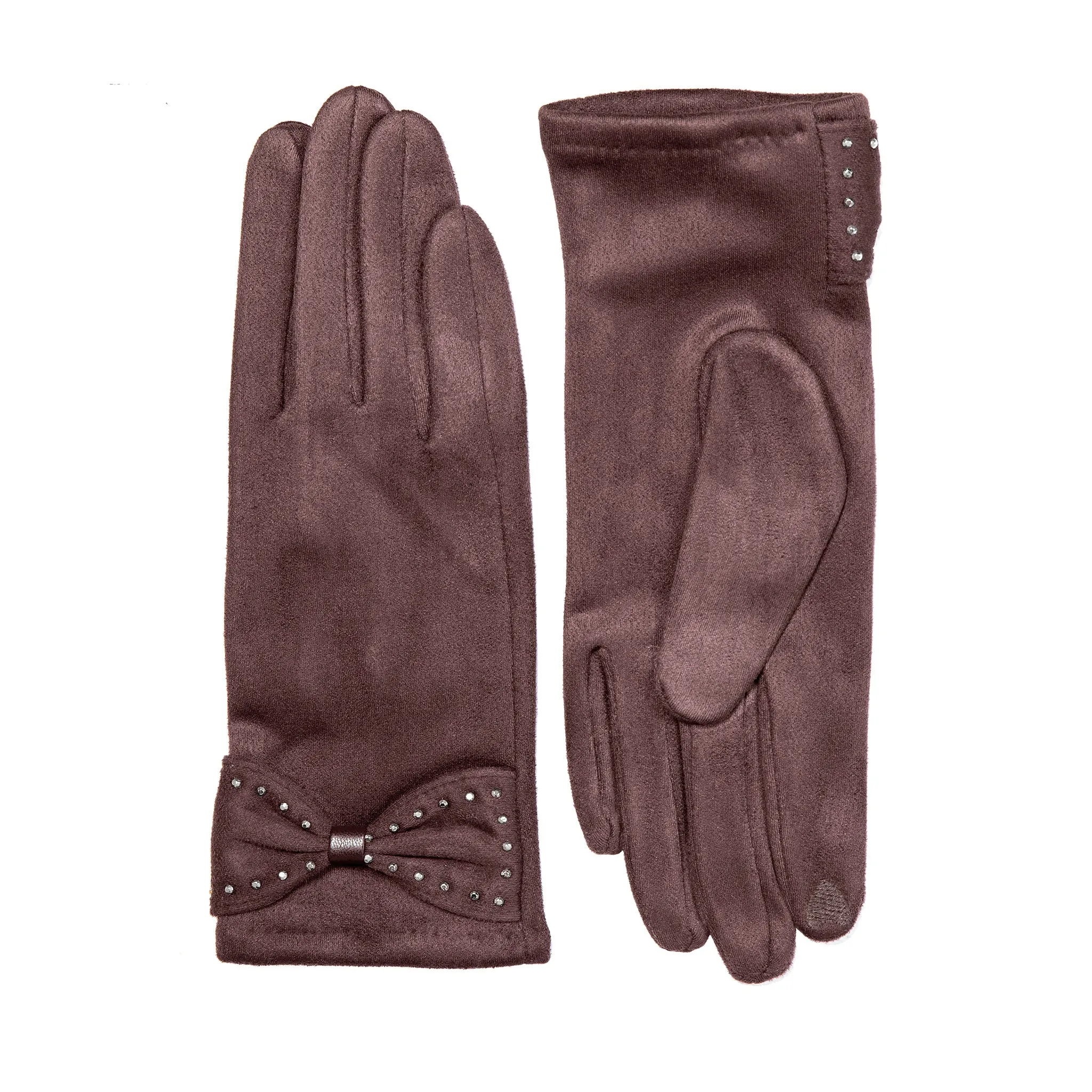 Women’s Touchscreen Velour-Lined Faux Suede Gloves with Studded Bow