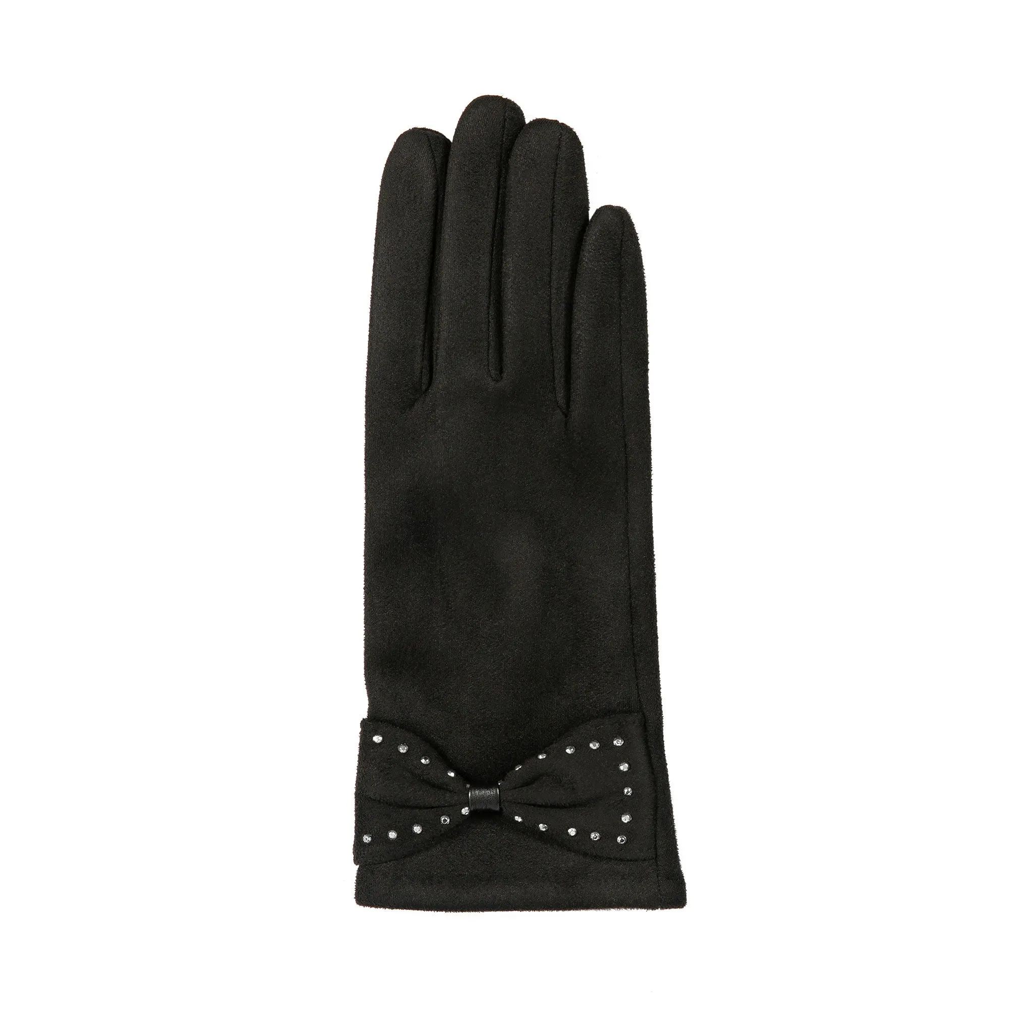 Women’s Touchscreen Velour-Lined Faux Suede Gloves with Studded Bow