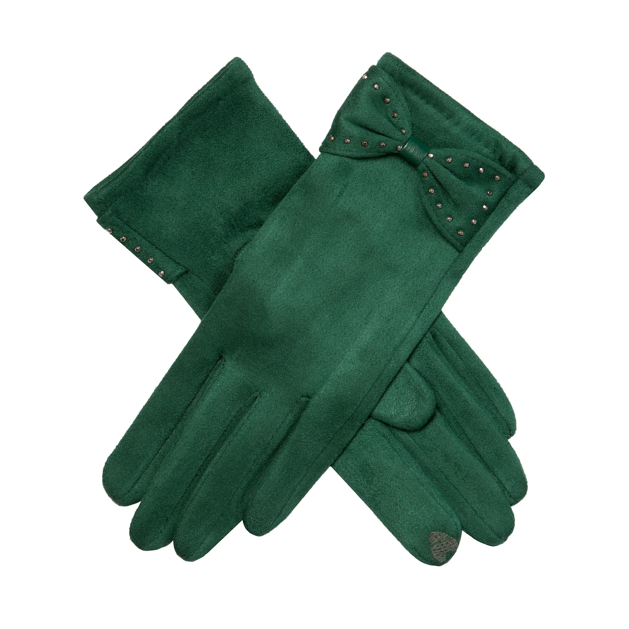 Women’s Touchscreen Velour-Lined Faux Suede Gloves with Studded Bow