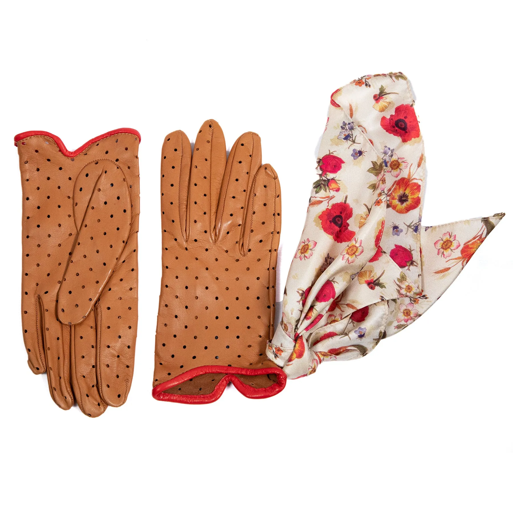 Women's unlined camel nappa leather gloves with perforated pois detail