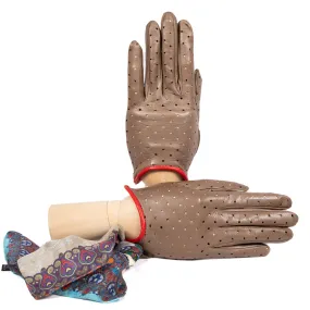 Women's unlined taupe nappa leather gloves with perforated pois detail